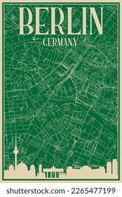Green hand-drawn framed poster of the downtown BERLIN, GERMANY with highlighted vintage city skyline and lettering