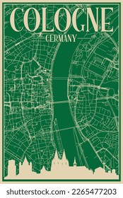 Green hand-drawn framed poster of the downtown COLOGNE, GERMANY with highlighted vintage city skyline and lettering
