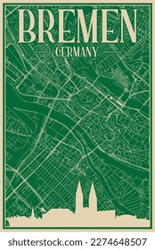 Green hand-drawn framed poster of the downtown BREMEN, GERMANY with highlighted vintage city skyline and lettering