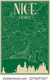 Green hand-drawn framed poster of the downtown NICE, FRANCE with highlighted vintage city skyline and lettering