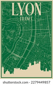 Green hand-drawn framed poster of the downtown LYON, FRANCE with highlighted vintage city skyline and lettering