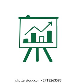 A green hand-drawn icon shows a presentation board with a bar graph and an upward trend line, symbolizing business growth and data.
