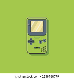 Green handheld portable retro game console on green background. Vector illustration 