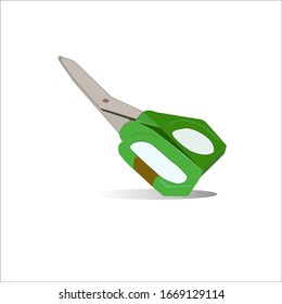 Green handle scissors placed on a shiny white background. Below is a vector image.