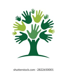 Green handprint tree logo for community and ecology concepts with community
