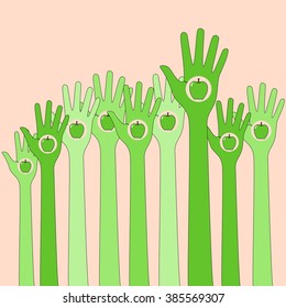 Green hands in the air with apple vector illustration