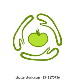 Green hands and apple hand drawn illustration for logotype cartoon minimalism