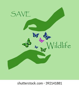 Green hands with butterflies
