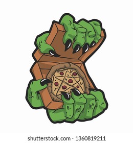 Green hands holding a pizza box - Vector illustration