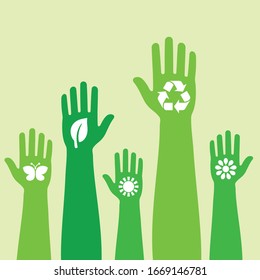 Green hands holding recycling and nature symbol