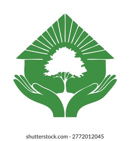 Green hands holding tree with sun rays and house roof eco concept