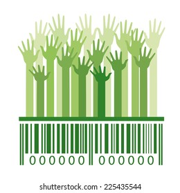 Green hands on barcode, eco business. Vector