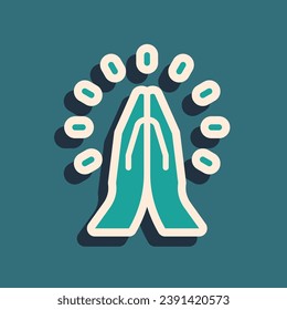 Green Hands in praying position icon isolated on green background. Prayer to god with faith and hope. Long shadow style. Vector