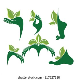 green hands, vector collection of eco and beauty symbols