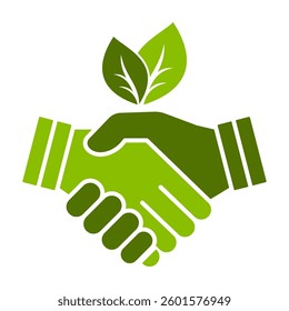 Green handshake with leaves. Green Partnership. Eco-friendly partnership symbol for sustainability, environmental cooperation. Perfect for business, organic agreements, ecological collaboration.