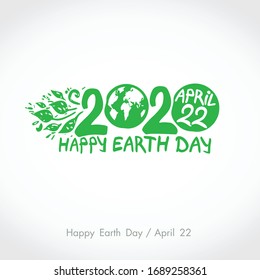 Green handwritten logo 2020 Happy Earth Day. April 22. Vector hand drawn template.
