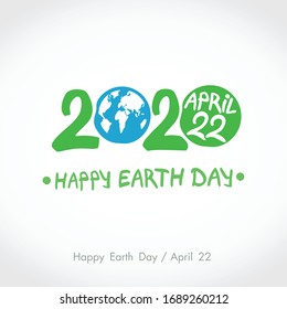 Green handwritten logo Blue planet Earth. 2020. Happy Earth Day. April 22. Vector hand drawn template.