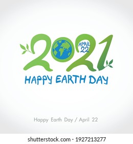 Green handwritten logo Blue planet Earth. 2021. Happy Earth Day. April 22. Vector hand drawn template.