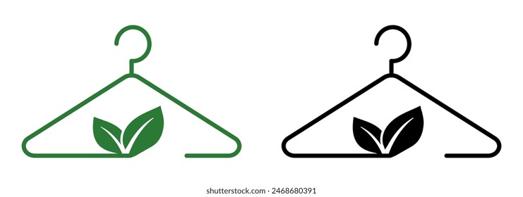 Green hanger icon. Slow fashion vector symbol. Recycling fabric sign. Sustainable textile pictogram.