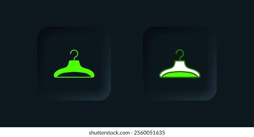 Green Hanger wardrobe icon isolated on black background. Cloakroom icon. Clothes service symbol. Laundry hanger sign. Black square button. Vector