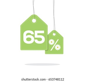 Green hanging price tag labels with 65% and a daisy flower design texts on them and with shadow isolated on white background. For summer sale campaigns.