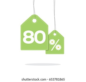 Green hanging price tag labels with 80% and a daisy flower design texts on them and with shadow isolated on white background. For summer sale campaigns.