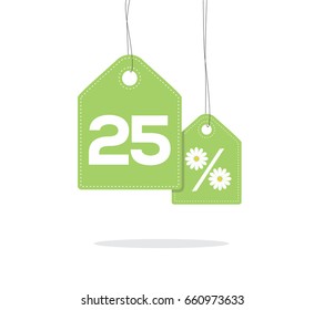 Green hanging price tag labels with 25% and a daisy flower design texts on them and with shadow isolated on white background. For summer sale campaigns.
