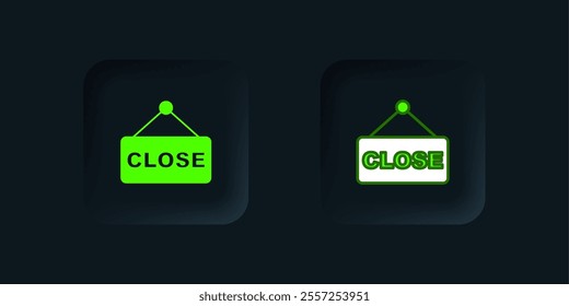 Green Hanging sign with text Closed icon isolated on black background. Business theme for cafe or restaurant. Black square button. Vector