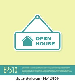 Green Hanging sign with text Open house icon isolated on yellow background. Signboard with text Open house.  Vector Illustration