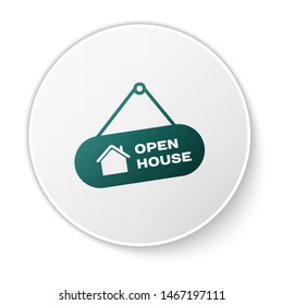 Green Hanging sign with text Open house icon isolated on white background. Signboard with text Open house. White circle button. Vector Illustration
