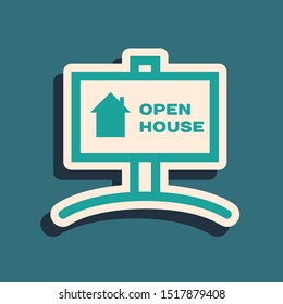 Green Hanging sign with text Open house icon isolated on blue background. Signboard with text Open house. Long shadow style. Vector Illustration