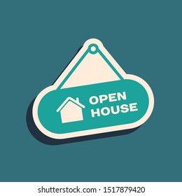 Green Hanging sign with text Open house icon isolated on blue background. Signboard with text Open house. Long shadow style. Vector Illustration