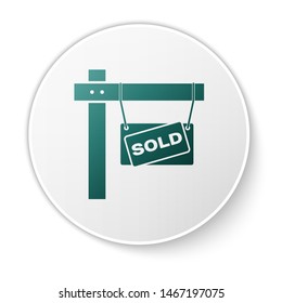Green Hanging sign with text Sold icon isolated on white background. Sold sticker. Sold signboard. White circle button. Vector Illustration