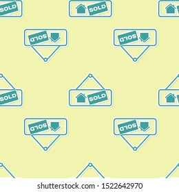 Green Hanging sign with text Sold icon isolated seamless pattern on yellow background. Sold sticker. Sold signboard.  Vector Illustration