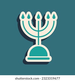 Green Hanukkah menorah icon isolated on green background. Hanukkah traditional symbol. Holiday religion, jewish festival of Lights. Long shadow style. Vector Illustration