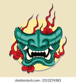 green hanya mask illustration design with red fire background behind it