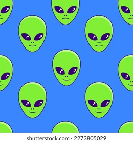 Green Happy Aliens Head Seamless Pattern on Blue Background vector illustration