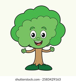 Green Happy Cartoon Tree, Cartoon tree with green leaves on white background