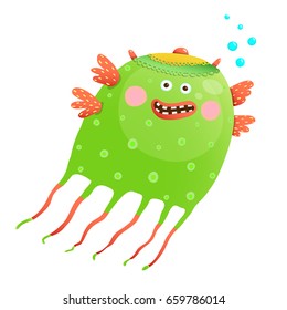 Green Happy Cute Jellyfish for Kids. Animal monster crazy cartoon for children. Vector illustration.