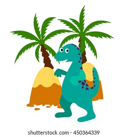 Green happy dinosaur vector applique illustration. Dino in rainforest with palms and mountains. For kids apparel, books and cards