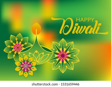 Green Happy Diwali vector on blur background. Beautiful deepavali  lamp and rangoli designs.