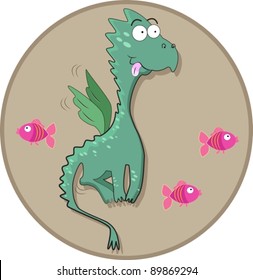 Green happy dragon with pink fish, vector