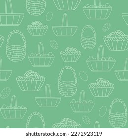 Green Happy Easter baskets and eggs background pattern. Vector pattern.