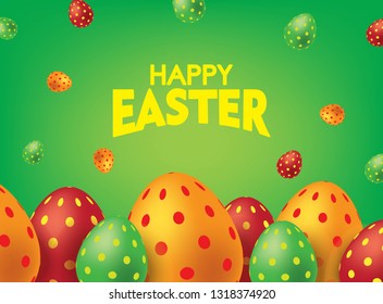 Green Happy Easter Card with Colorful Eggs. Falling Easter Eggs background Vector illustration.