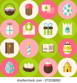 Green Happy Easter Seamless Pattern with Circles. Flat Design Vector Illustration. Background. Set of Spring Holiday Items.