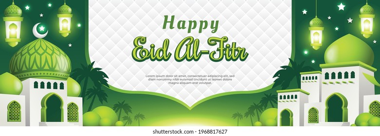 Green Happy Eid Al Fitr Banner with a Mosque and Lanterns