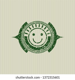 Green happy face icon inside distress rubber seal