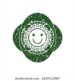 Green happy face icon inside distressed rubber seal with grunge texture. 