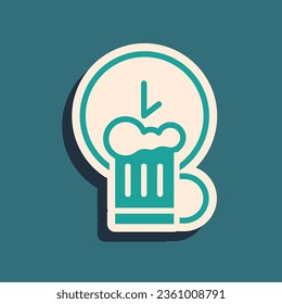 Green Happy hour with wooden beer mug icon isolated on green background. Long shadow style. Vector