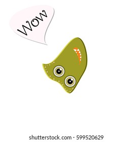Green happy monster is flying upside down. Funny character in a cartoon style with example text. Emoji isolated for your design needs. Vector illustration on a white background